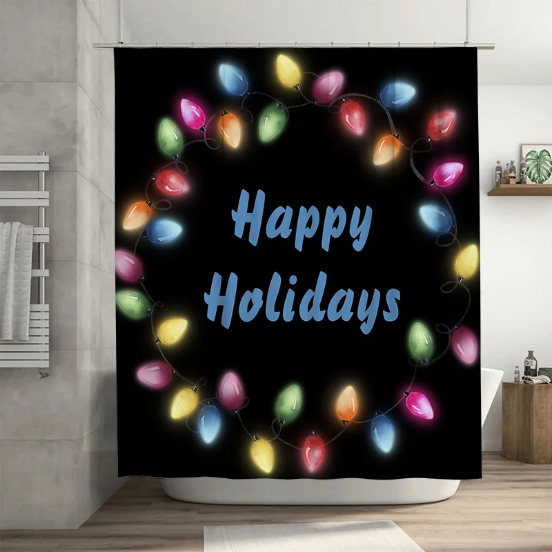 

Happy Holidays Shower Curtain with Colorful Light Bulbs, Dark Background for a Warm and Festive Bathroom Decor