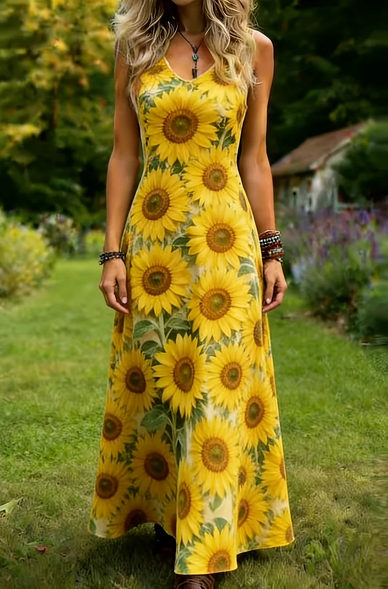2D Flat Print Women's Vintage Elegant Sleeveless Dress, V-Neck Floral A-Line Flowy Long Dress, Machine Washable, Suitable for Casual Wear and Vacation Outfits