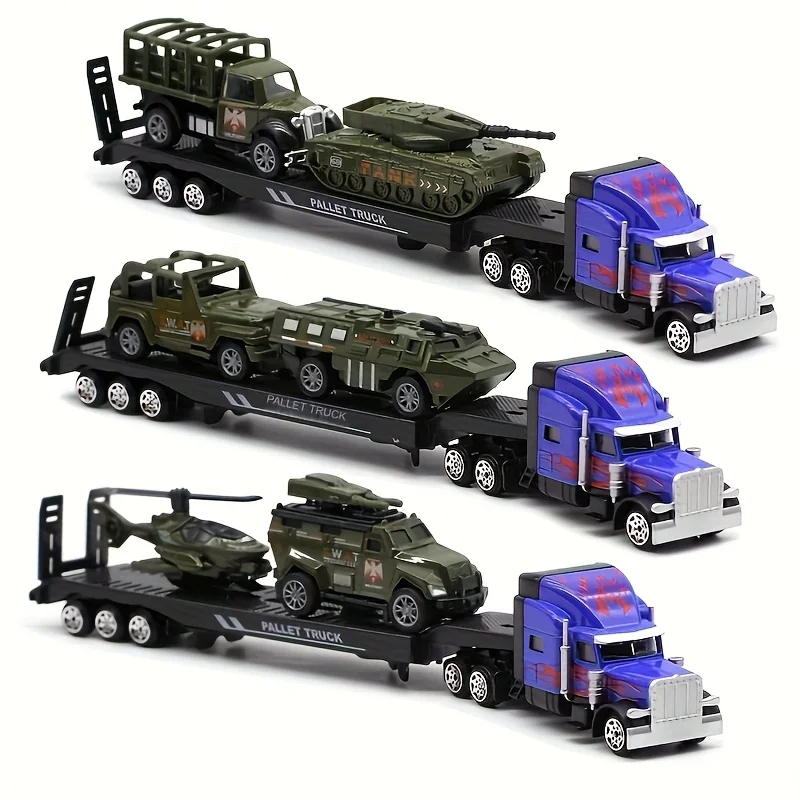 1 set, 1:64 alloy American military flatbed transport vehicle + 2 small vehicles (styles random), alloy military vehicle transpo