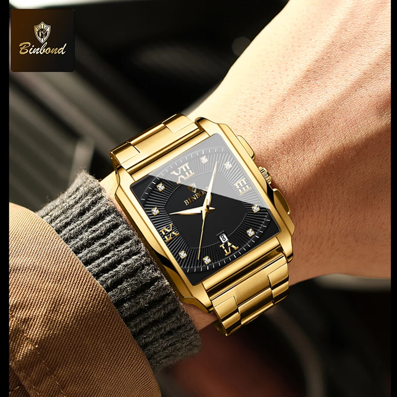 BINBOND Top Luxury Square Fashion Men Watches Square Quartz Stainless Steel Waterproof Sport Automatic Date Business Men Watches
