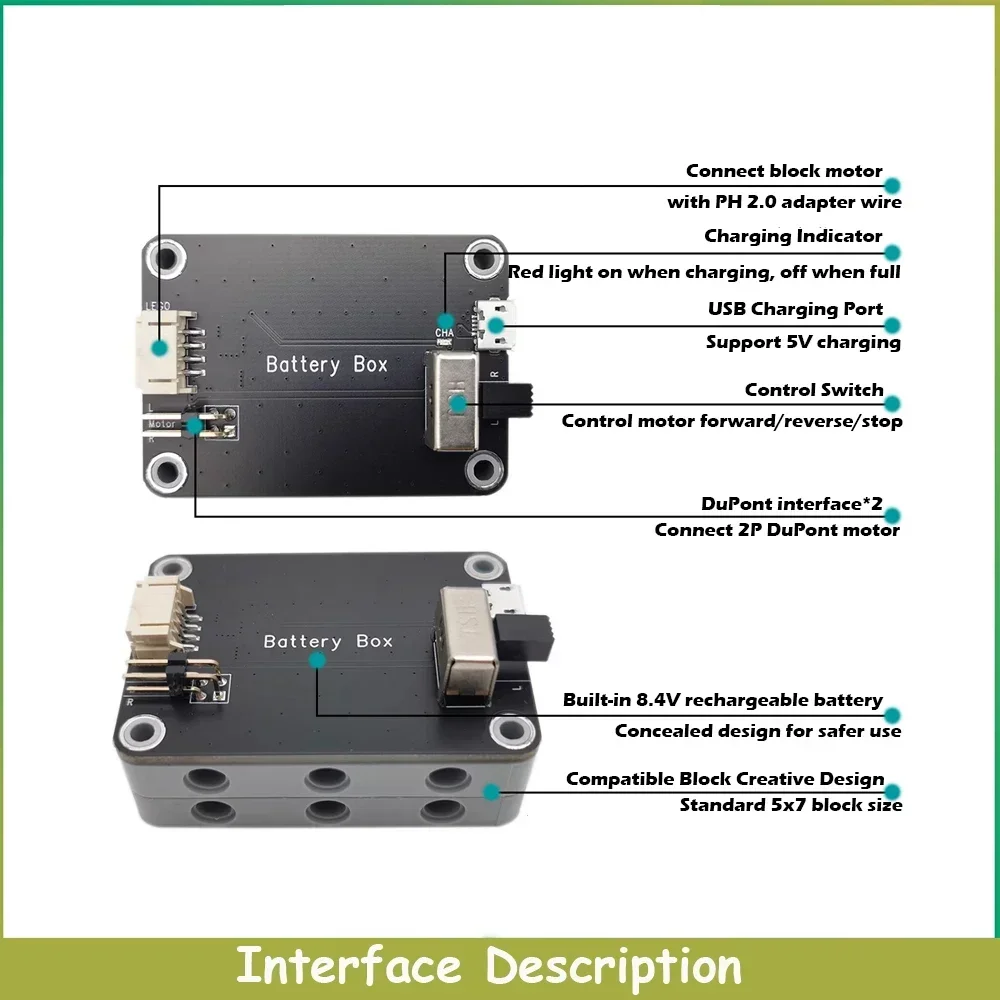 Caja de batería de 9V, soporte recargable MOC, salida de potencia del Motor M/L/XL, Control de avance/retroceso, Compatible con bloques de construcción Legoeds
