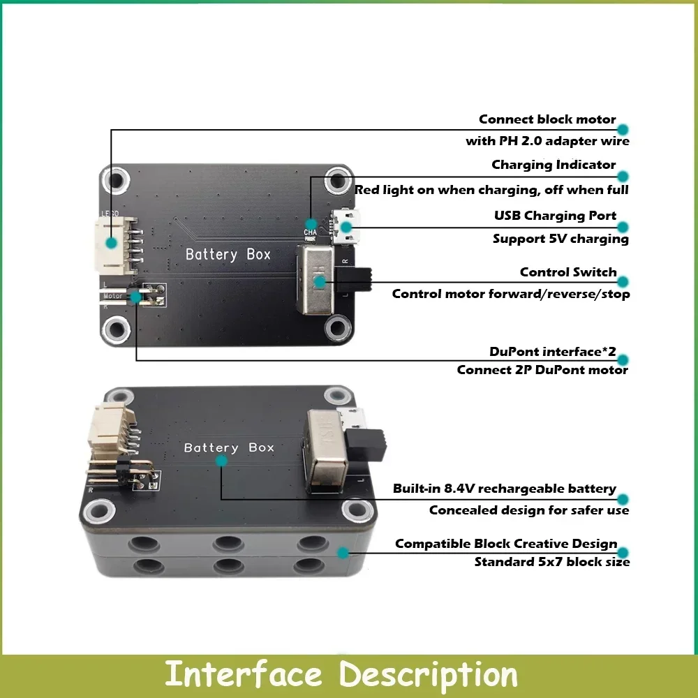 9V Battery Box MOC Rechargeable Support M/L/XL Motor Power Output Forward/Reverse Control Compatible with Legoeds Building Block