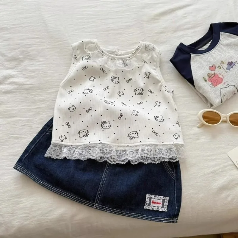 

Hello Kitty Anime Kawaii Sanrio Ins Short Sleeve Shirt Cute Beautiful Ice Silk Vest Printed Sleeveless Top Clothes Gifts