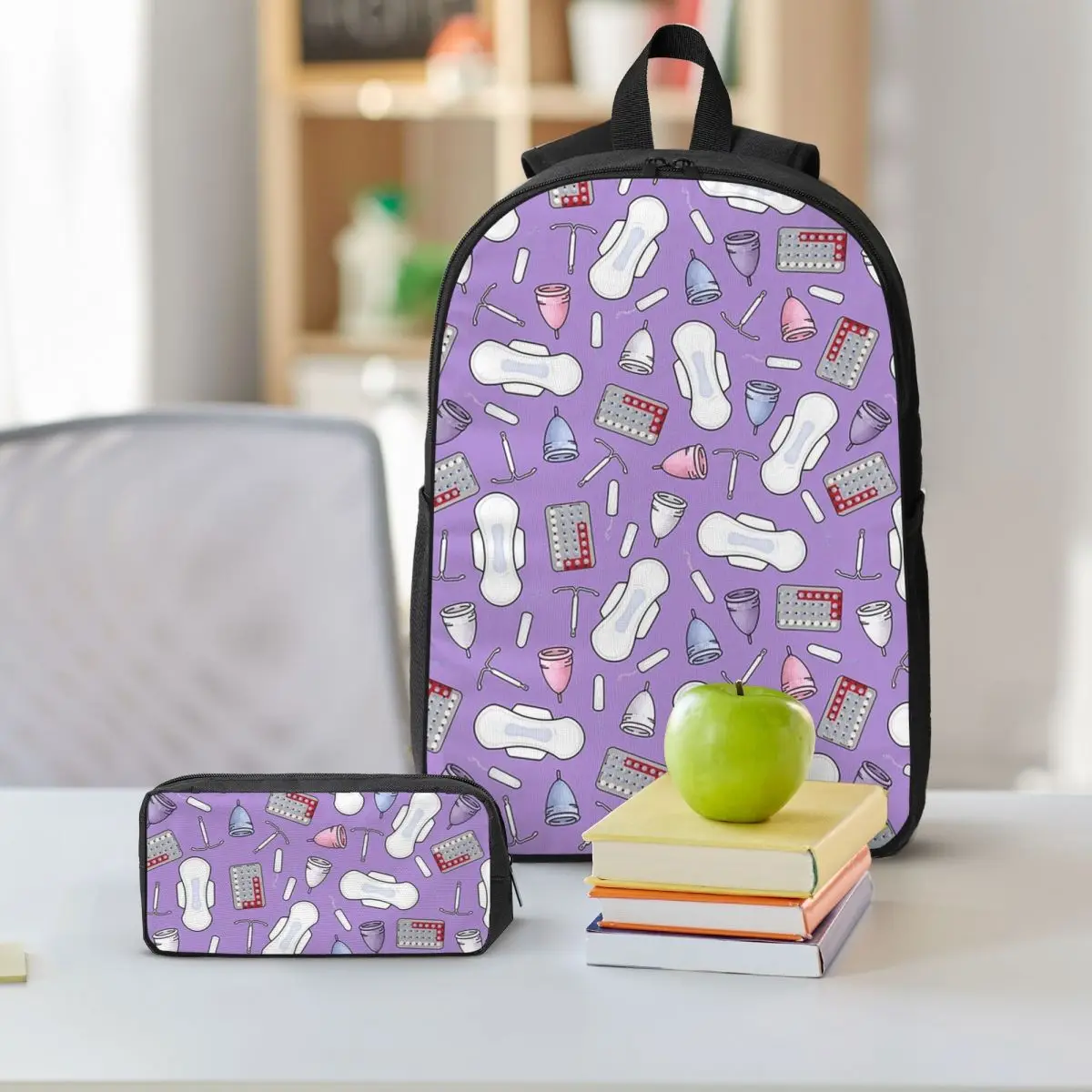 Period Protection, PMS Ready In Purple Backpack Boys Girls BookBag School Bag Shoulder Bags 3ps Insulated Lunch Bag Pencil Case