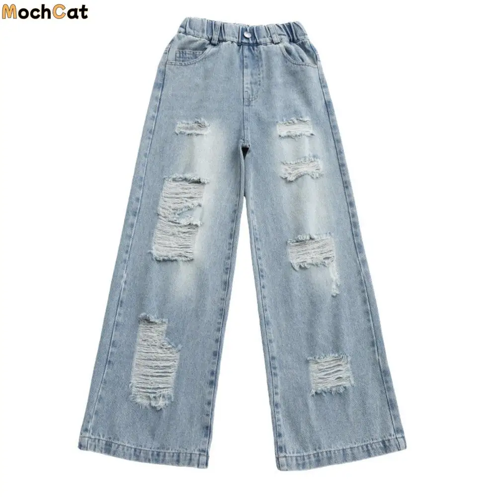 

Soft Ripped Wide Children Jeans Straight Loose Leg Blue Teen Girl Jeans Streetwear High Waist Girls Denim Trousers Kids Children
