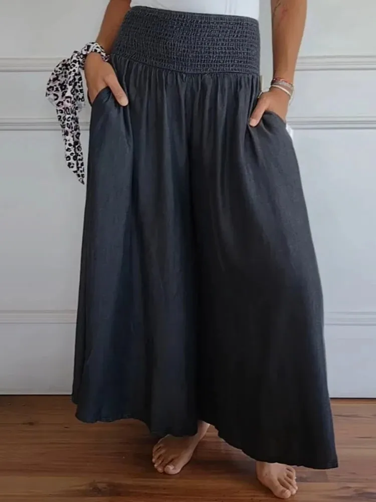 

2025 Summer New Women's Solid Color Wide Leg Pants Fashionable And Casual Drawstring Pants Elastic Waistband Pocket Loose Pants