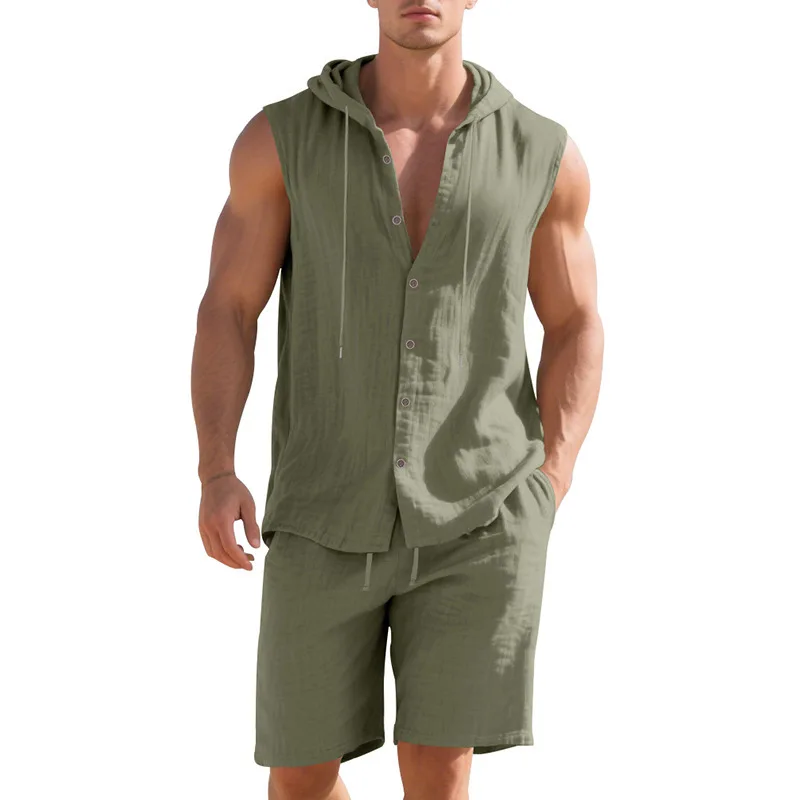 Conjunto de Dos Piezas de Camisa sin Mangas con Capucha y Pantalones Cortos de Lino, Estilo Casual y Minimalista para Verano, Traje con Capucha para Hombre