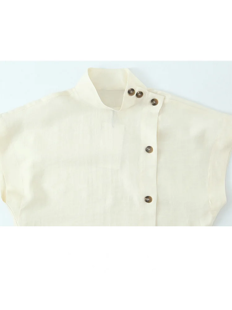 HH Women's Fashion Breasted Decoration Short Sleeve Summer Top Female Loose High Street Half-high Collar Solid Top Mujer