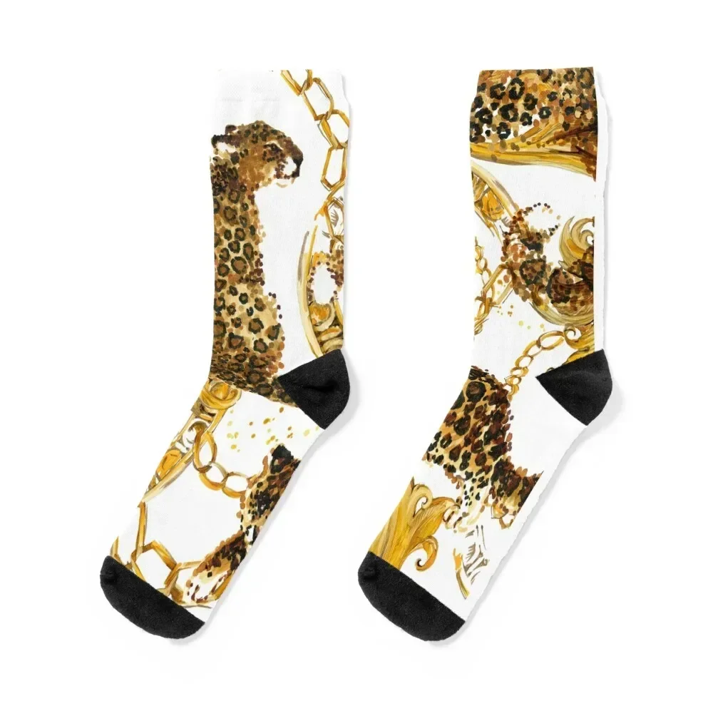 golden leopard baroque seamless pattern. Watercolor vintage gold lace ornament. luxury textile print Socks