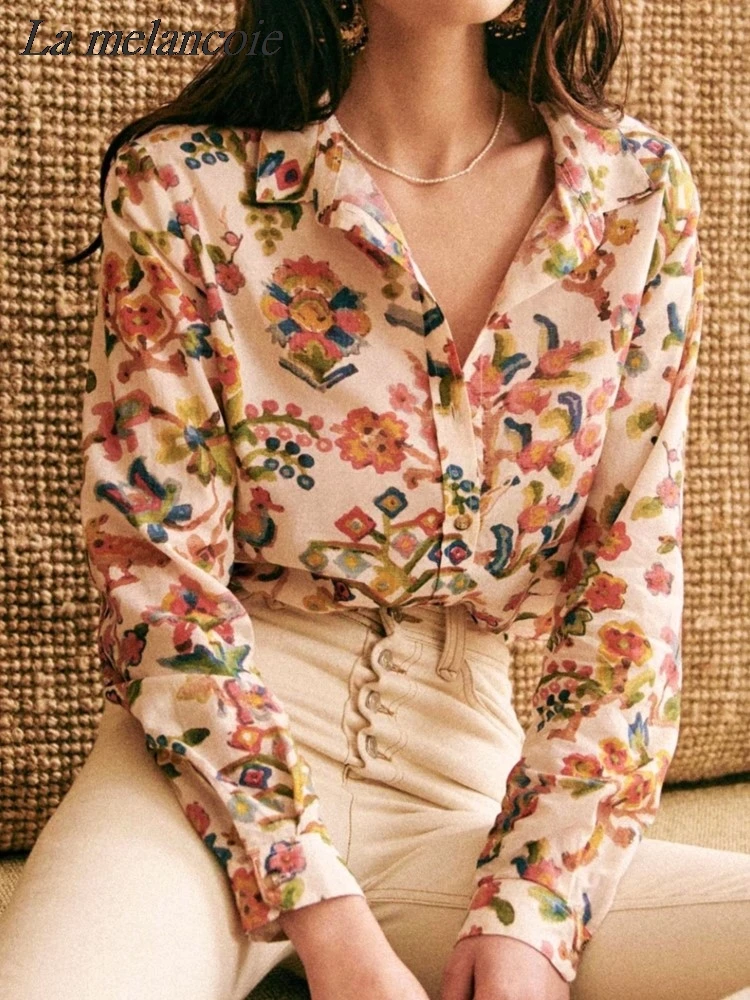 Camisa con estampado colorido para mujer, blusa holgada de algodón de manga larga, estilo francés Floral, para primavera y verano, 2024