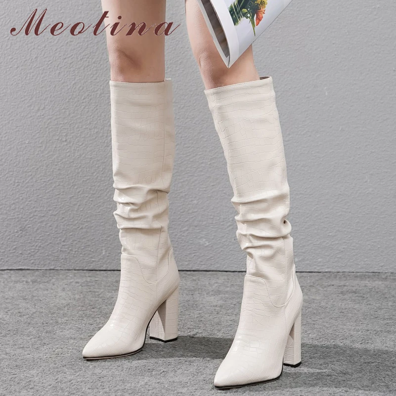 

Meotina Women Knee High Boots Pointed Toe Thick Super High Heel Fashion Pleated Ladies Long Boot Autumn Winter Shoes Beige 43