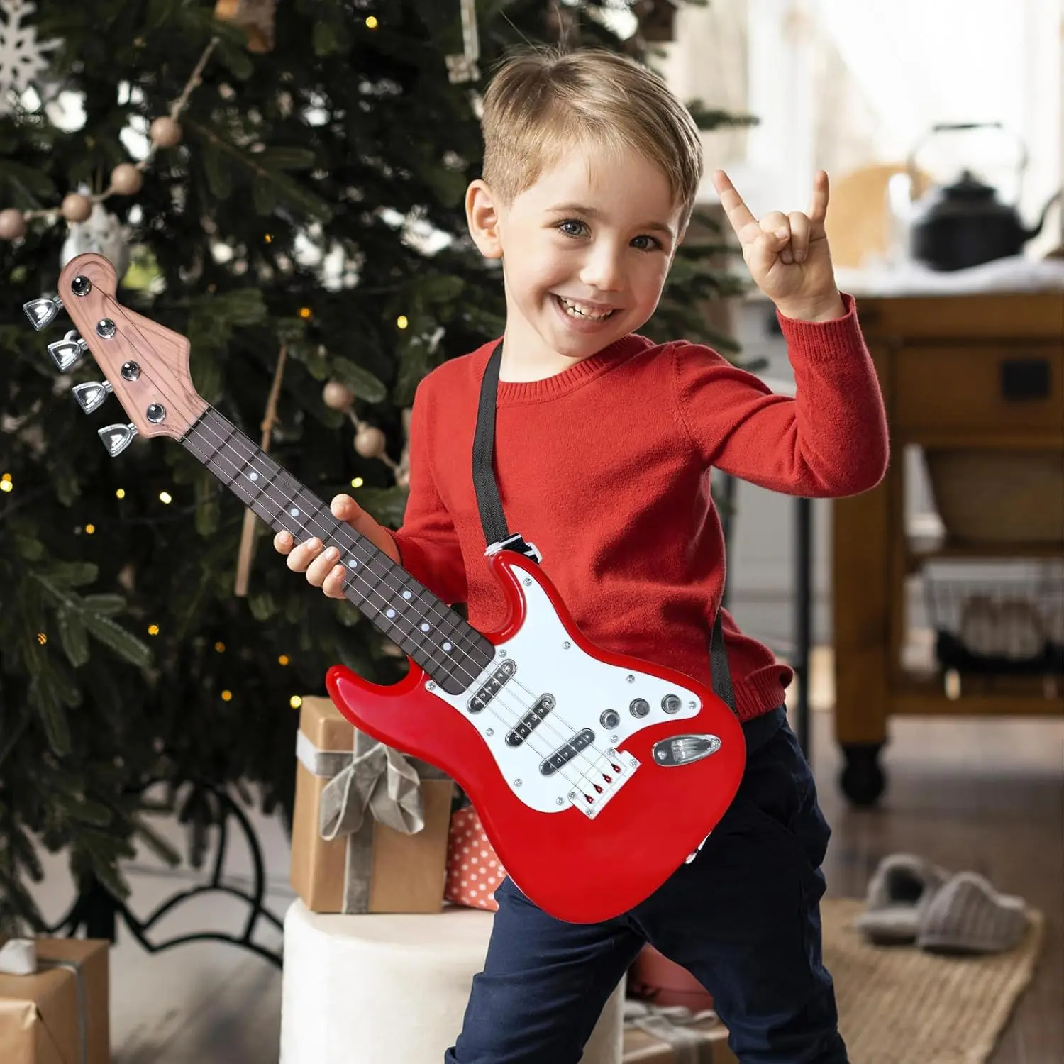 Brinquedo de guitarra elétrica infantil de 4 cordas - instrumento musical eletrônico portátil multifuncional, brinquedo de presente ideal para meninos e meninas