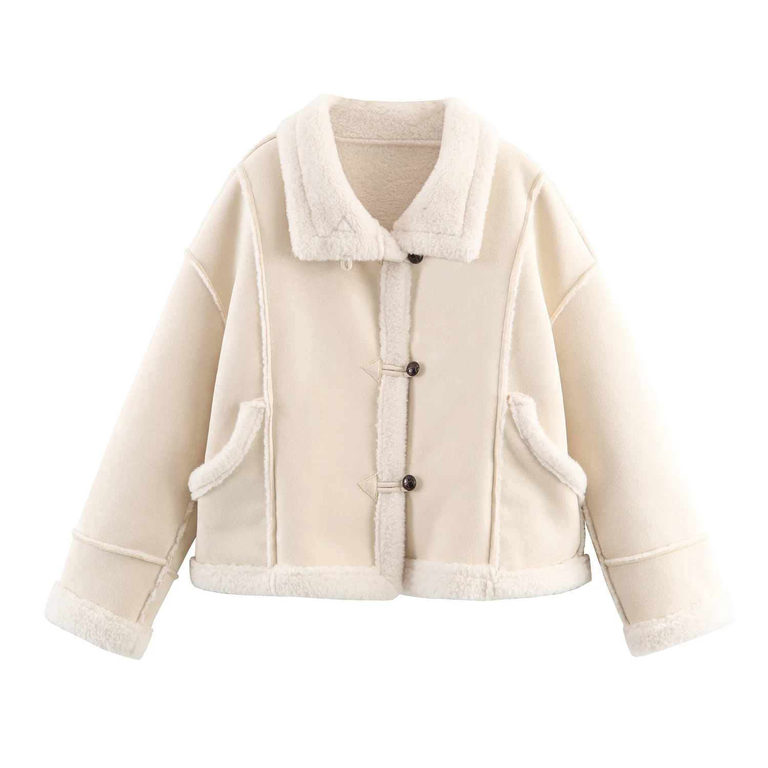 

2025 Winter Women's Korean-Style Retro Jackets Tops Button-Detailed Faux Shearling-Lined Paneled Coat Warm Windproof Outerwear