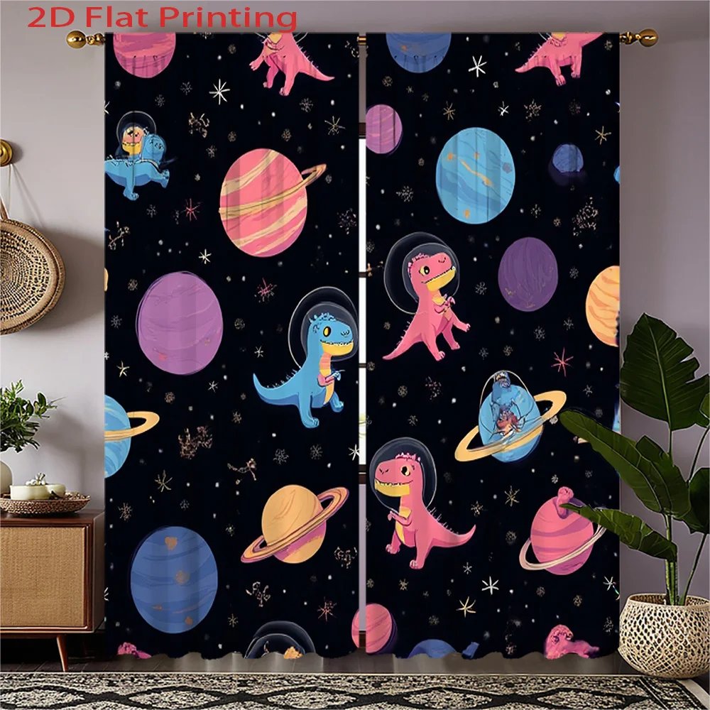 2pcs Cute Dinosaur Space Print Curtains - 2D Flat Printing, Rod Pocket Design, Semi-Transparent Flannel Fabric, Vibrant Cartoon