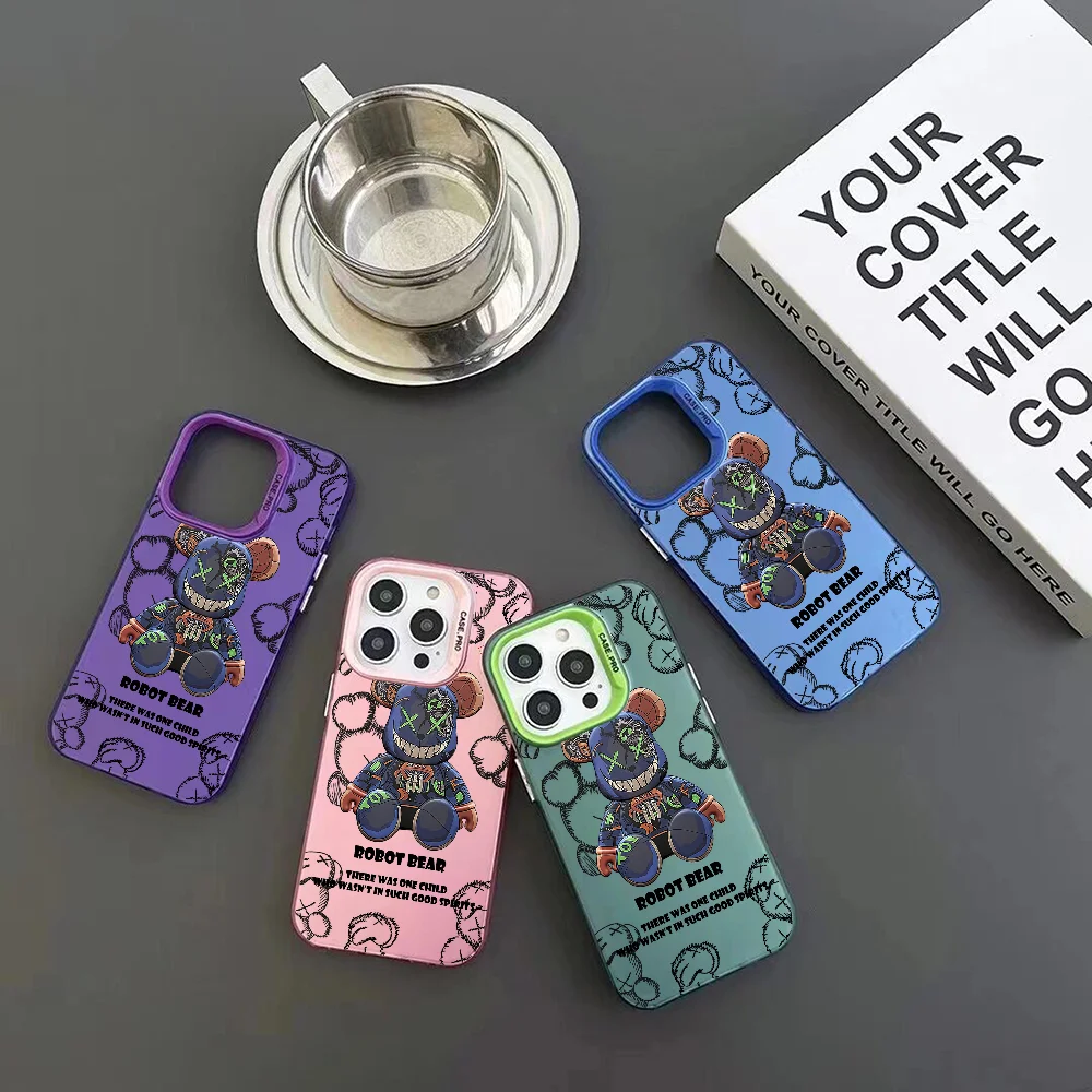 Fashion Cute Robert Bear Phone Case For IPhone 16 15 14 13 12 11 Pro Max Plus Candy Matte Shockproof Back Cover