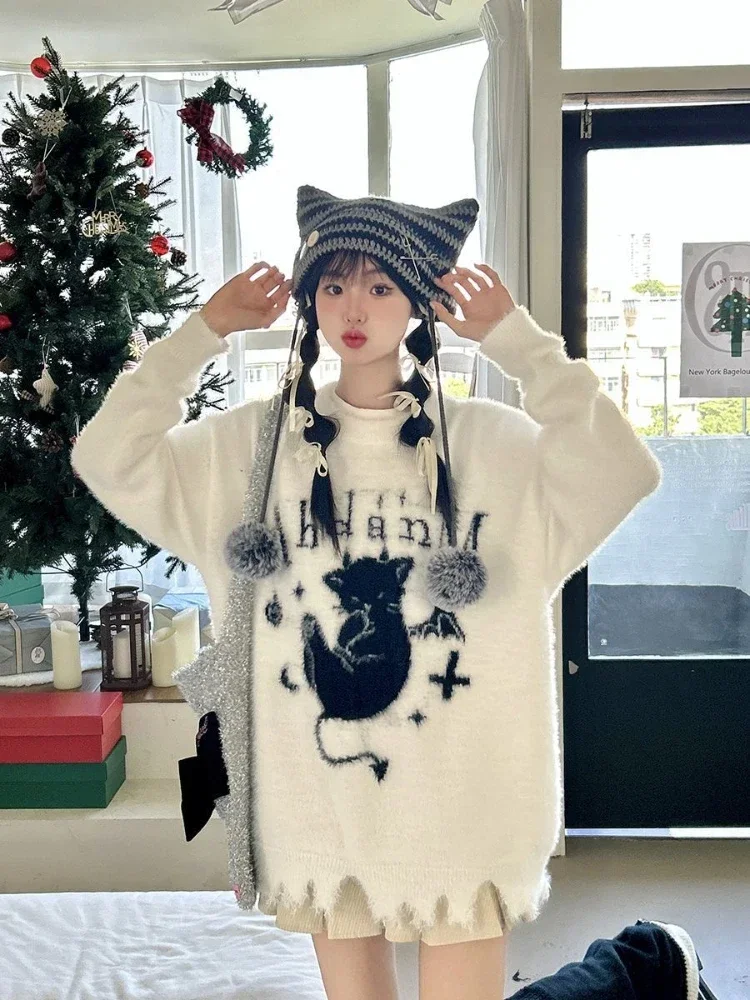 QWEEK Gothic Goth Harajuku Kawaii Cute Sweater Women Y2k Knitted Grunge 2024 Autumn Winter Fashion American Vintage Pullovers