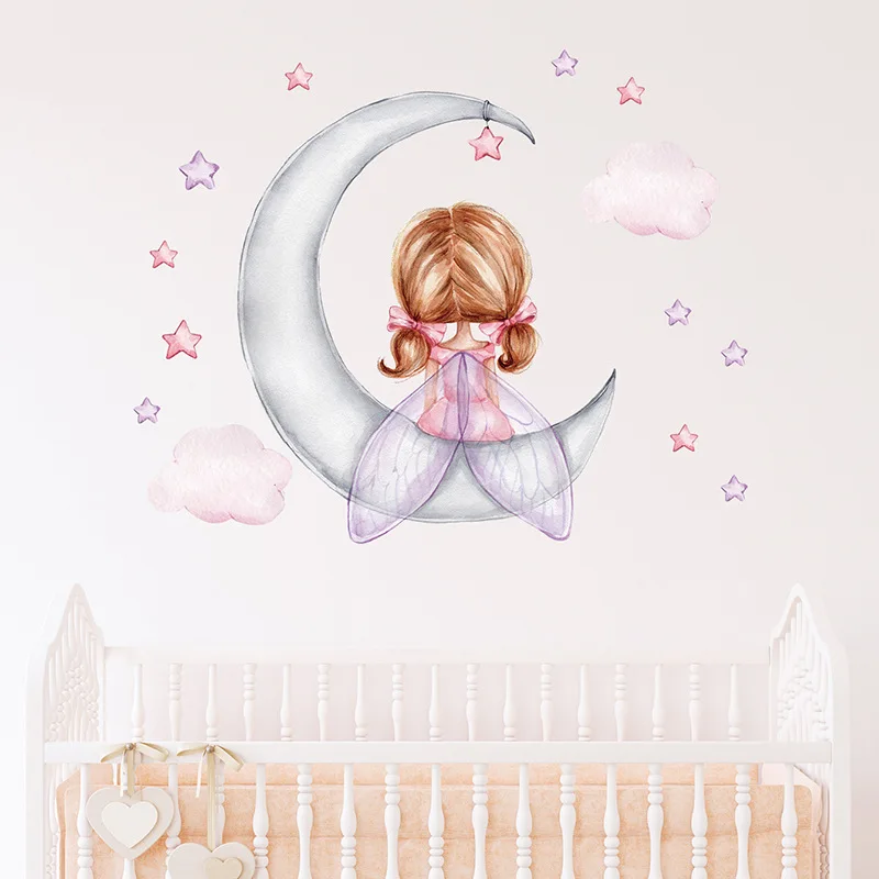 Cartoon Elf Wand Aufkleber für Mädchen Zimmer Schlafzimmer Dekoration Decals Aquarell Engel auf Mond Wand Decals Baby Zimmer Tapete