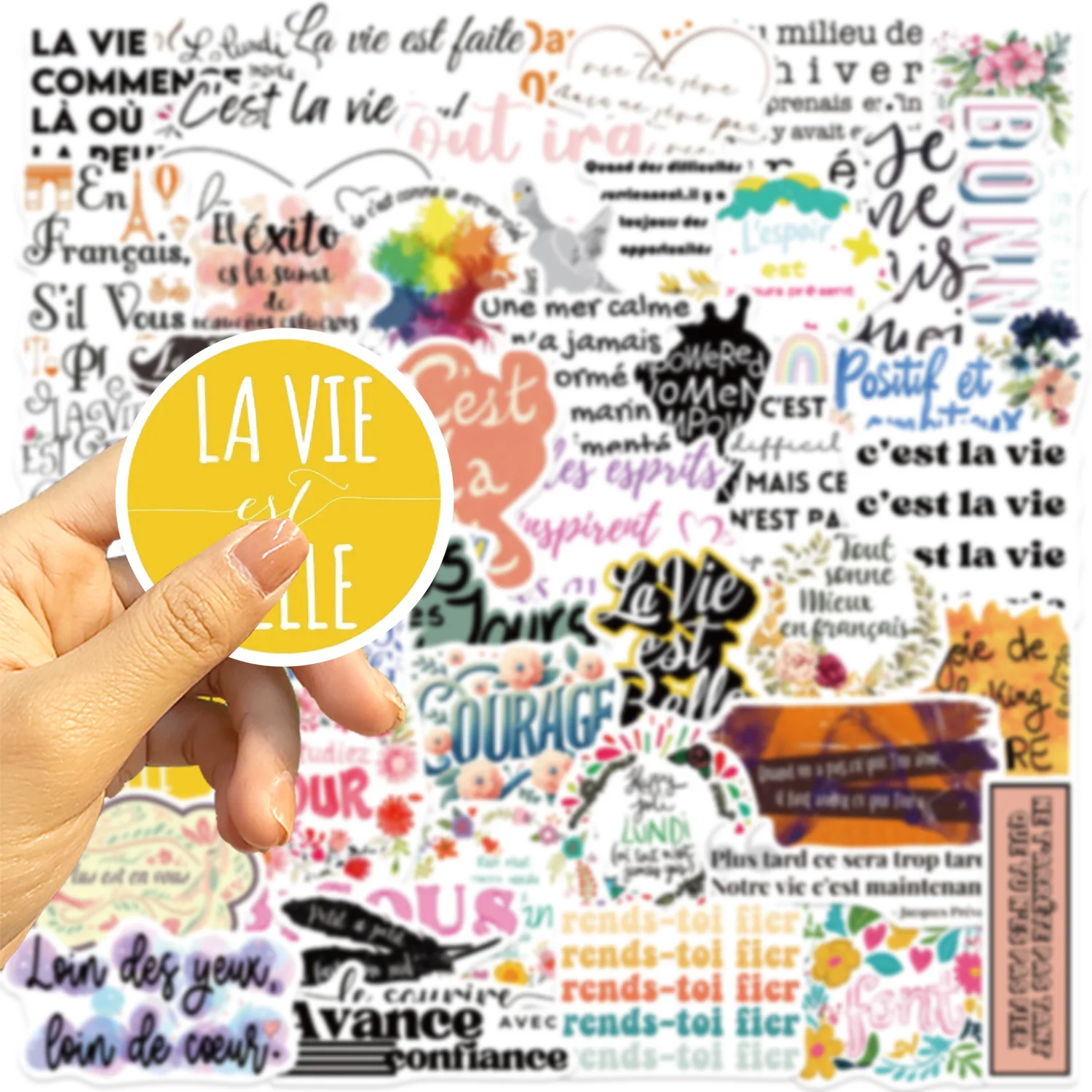 50 Uds. Pegatinas de dibujos animados con frases francesas, decoración de Graffiti inspiradora, juguetes DIY, maleta, nevera, portátil, guitarra, coche, bicicleta, calcomanías