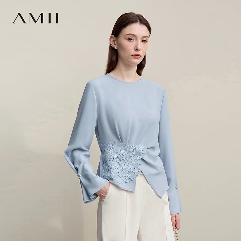 Amii damesblouse 2026 lente nieuwe elegante commuter ronde hals kant chiffon damesoverhemd losse veelzijdige elegante top 12681001