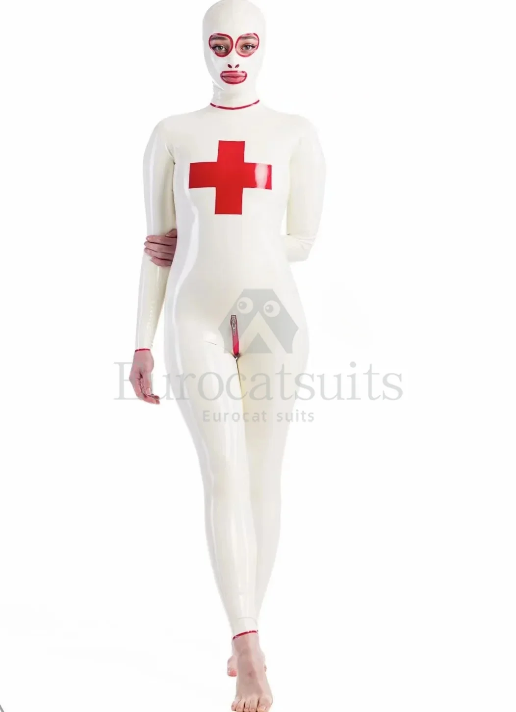 

Handmade Sexy Natural Latex Catsuit Back to Crotch Zipper Rubber High Quality Bodysuits Nurse Suit With Hood Red Trim