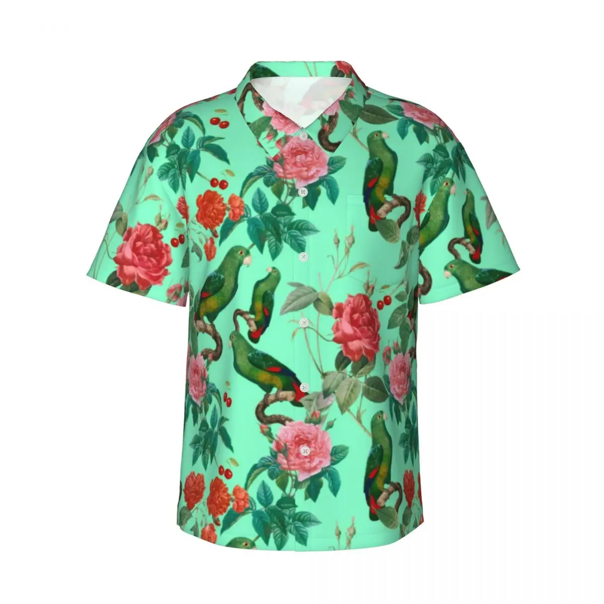 

Parrot Pattern Vacation Shirt Mens Red And Pink Roses Casual Shirts Hawaii Short-Sleeved Design Cool Oversized Blouses Present