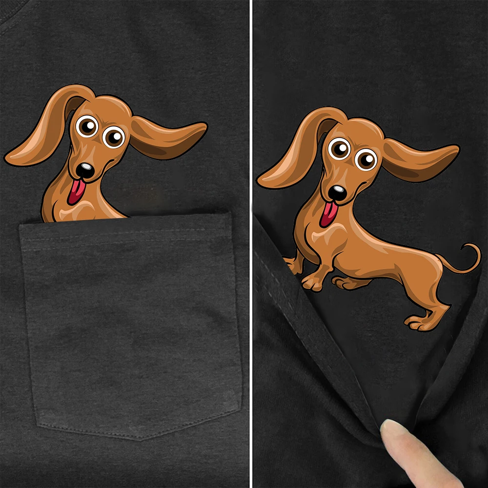 CLOOCL Fashion Women's T-shirts Cute Animal Dachshund Printed Pocket Tops Cotton Harajuku Short Sleeve Graphic Tee