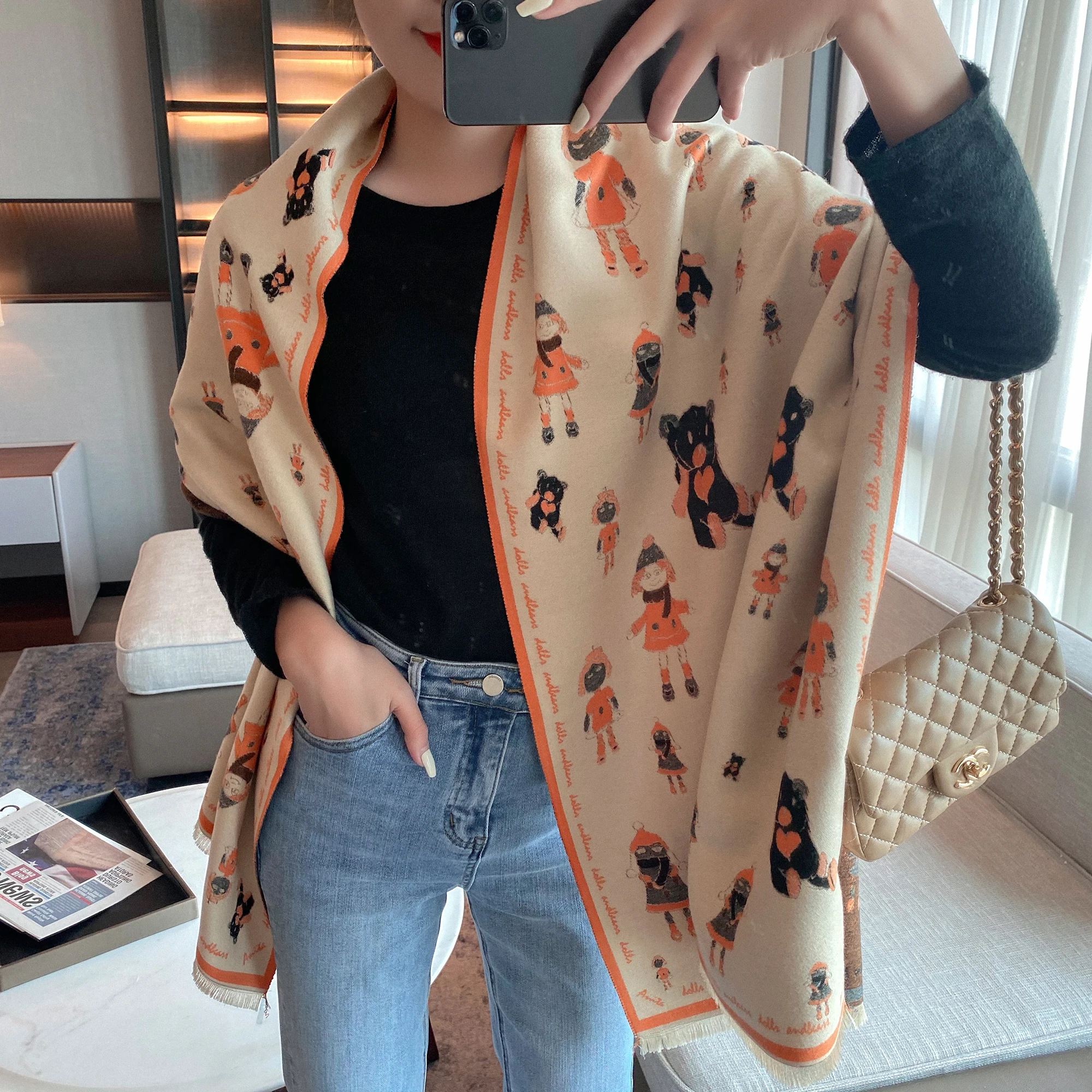 NEW Luxury Winter Thick Warm Cartoon girl Scarf Women Cashmere Shawl and Wraps Pashmina Neckerchief Bufanda Female Long 2024