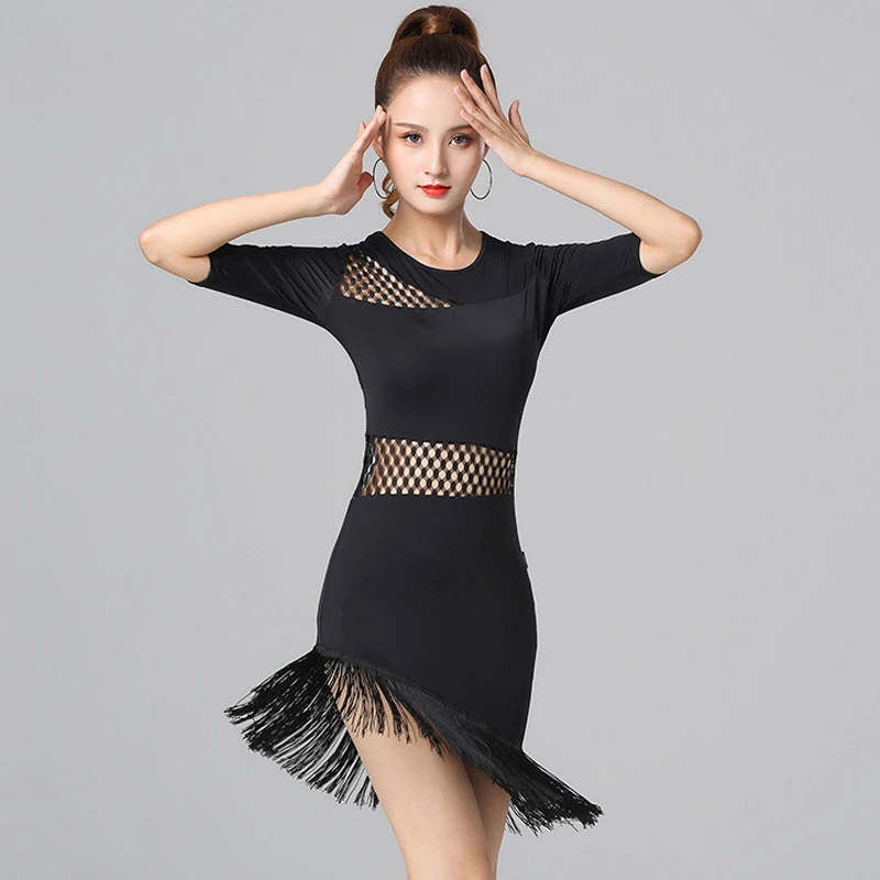 New Latin Dance Dress Women Long Sleeves Crystal Cutout Waist Pink Black Dress Rumba Practice Wear Competition Clothing