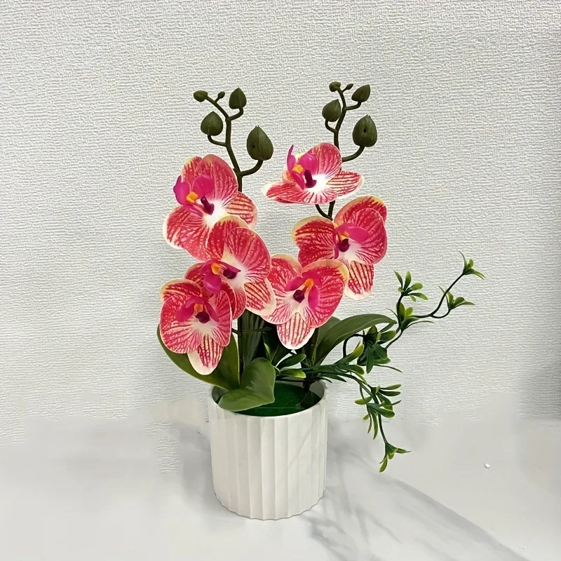 Künstlicher Orchideen-Schmetterlings-Doppelbündel mit 6-Blüten, Topfpflanzenfolie, realistisches Grün, Szenen-Setup für die Innenfotografie – Detail 11