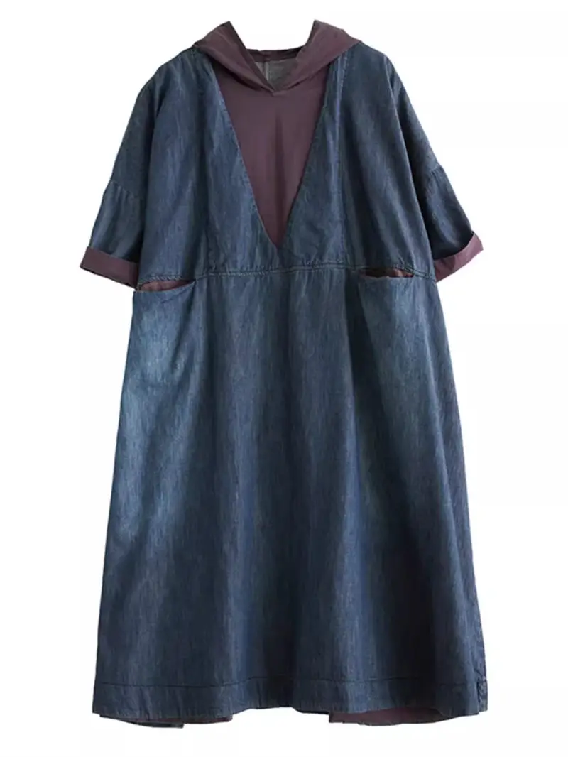 Luźna dżinsowa sukienka z kapturem ponadgabarytowa odzież damska 2024 letnia nowa moda ze średnim rękawem Vintage dżinsy Vestidos K870