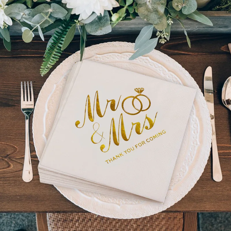 100/20Pcs Mr Mrs Wedding Paper Napkin for Bridal Shower Anniversary Table Decoration Supplies Cocktail Dessert Disposable Napkin