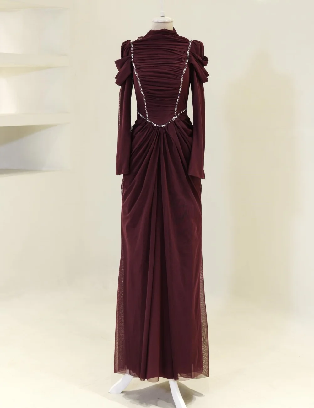 

Customized Chiffon Modest Retro Burgundy Pleat Rhinestone A-line High Collar Floor-Length Evening Dresses Sizes Available