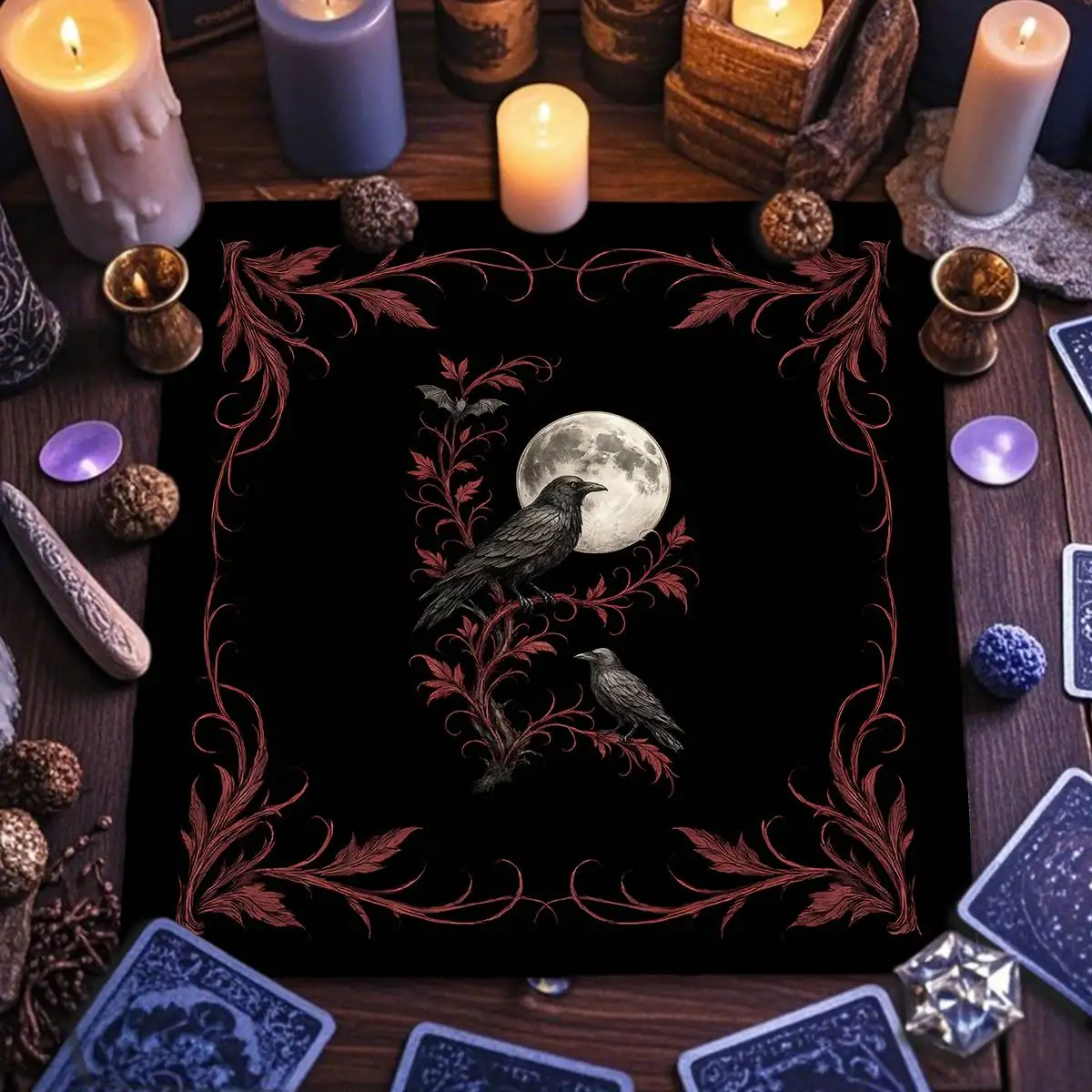 Triple Moon & Crow Altar Cloth Tarot Tablecloth For Spread Tarot Reading Cloth Floral Tapestry Witchcraft Board Game Card Pad