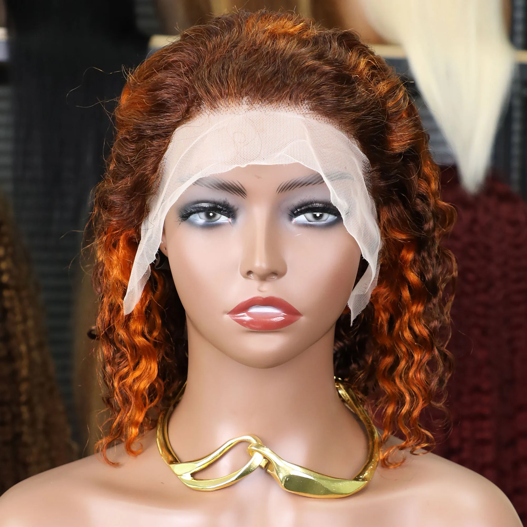 

Short Curly Human Hair Bob Wigs 4/350 Highlight Water Wave Ginger Orange Brown Color Wigs Transparent 13x4 Full Lace Frontal Wig