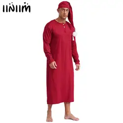 Mens Solid Color Sleep Robe with Hat Round Neck Long Sleeve Long Robe Pointed Hat with Pom-pom Loose Loungewear Sissy Nightwear