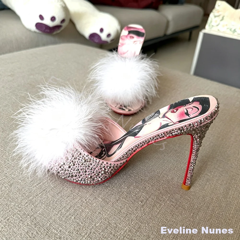 Women Fluffy Feather Rhinestone High Heels Pink Peep Toe Cartoon Print Insole Stiletto Heel Slippers Party Evening Dress Shoes