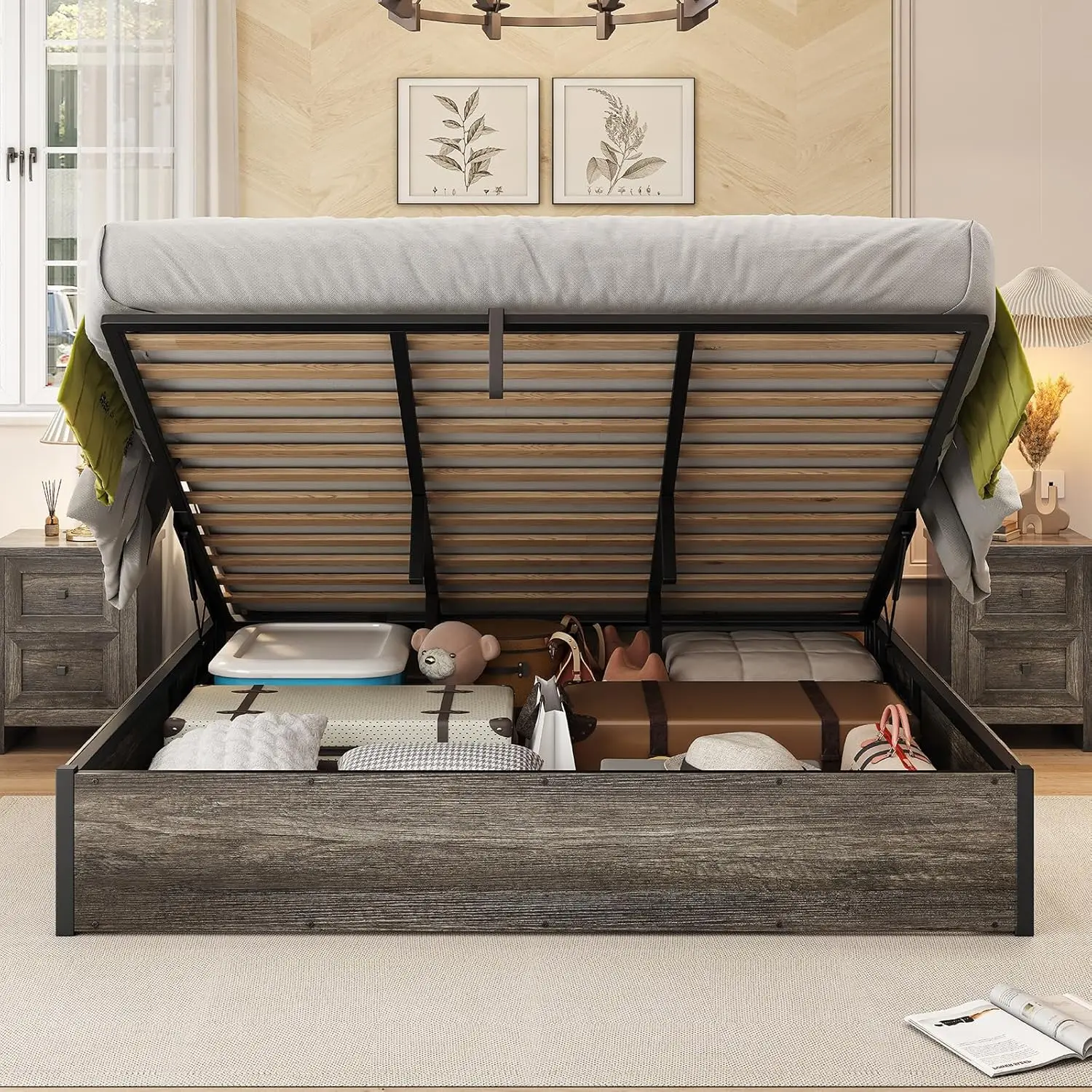 

Lift Up Storage Bed, King Bed Frame with Storage Underneath, Wooden Platform Bed Frame, Solid Wood Slats Support
