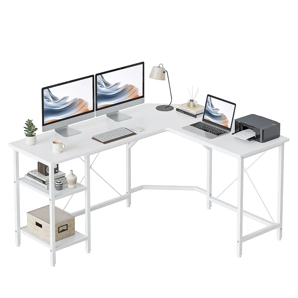 

L Shape Computer Desk With Storage Shelf Study Writing Table For Home Office, Modern Simple Style Pc Desk, White