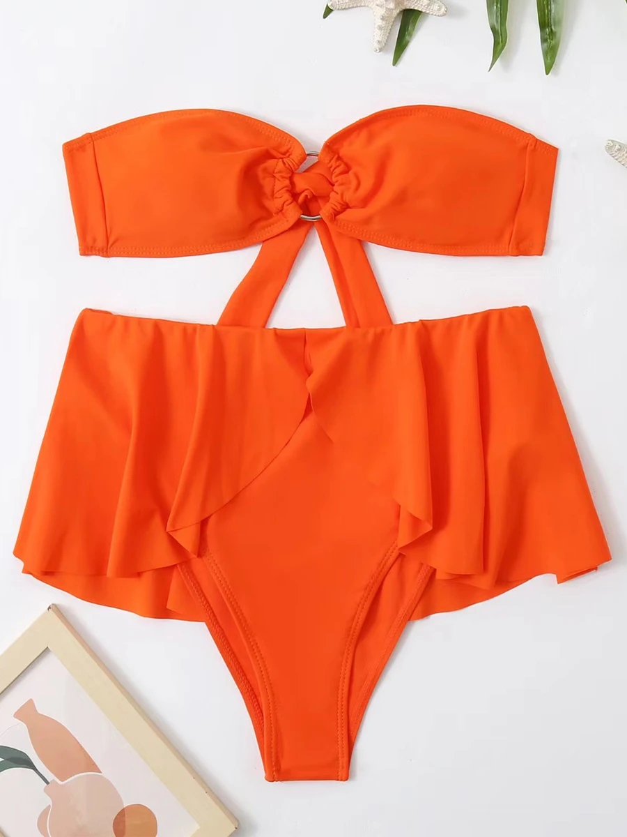 

Solid Ring Linked Bandeau Bikinis Women Sexy Knot Back Swimsuit Female With Skirt High Waist Swimwear Bathing Suit Beachwear