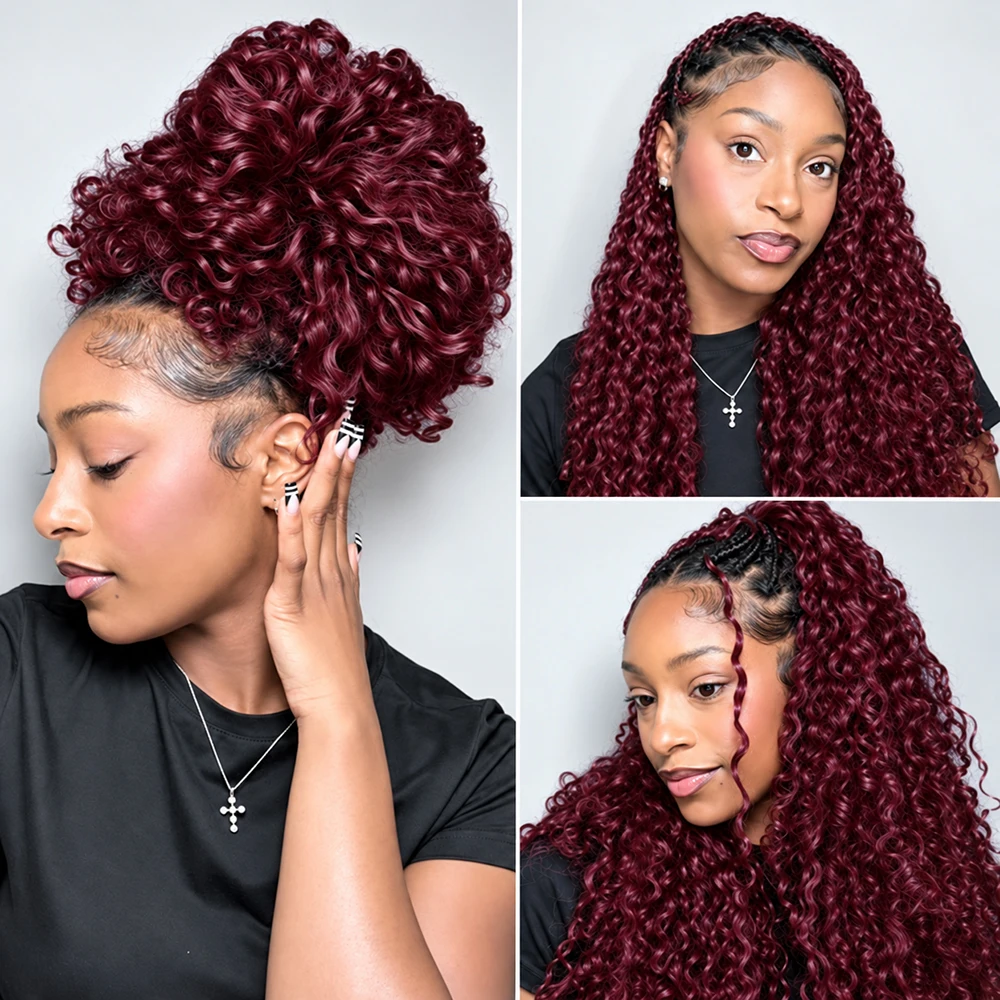 99J Burgundy Deep Wave Feather Crochet Human Hair Miracle Knots Knotless Pre Separated Invisible Boho Braids Hair For Women