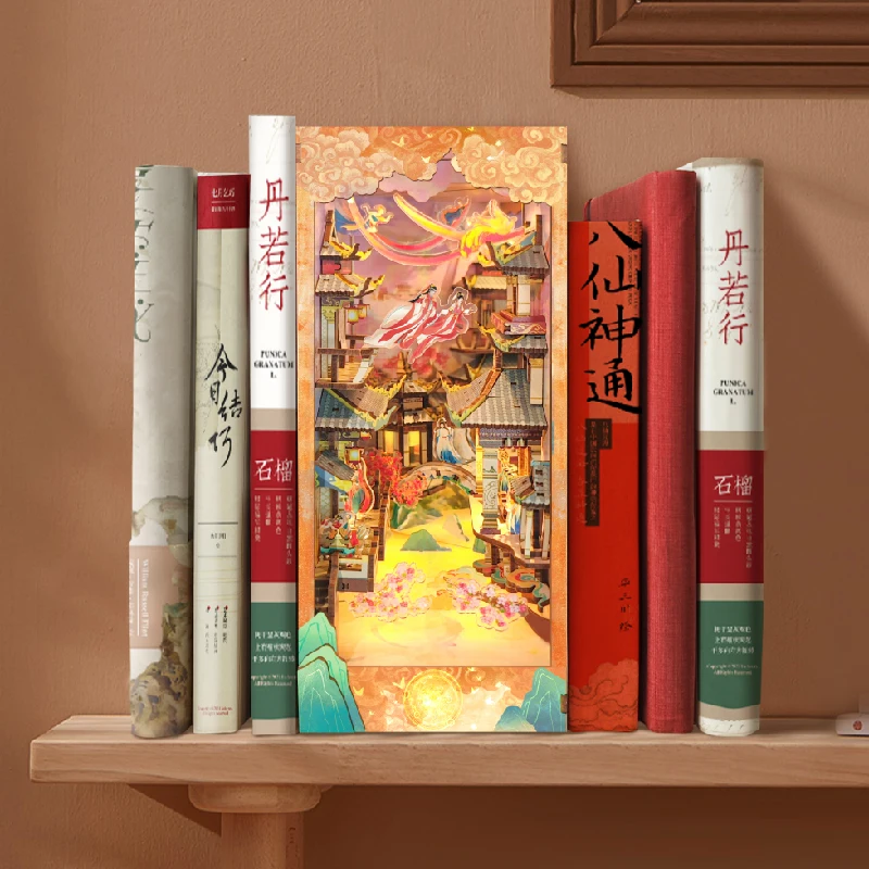 DIY Wooden Book Nook Chinese Mythical Story Bookend with Light 3D Puzzle Bookshelf Assembly Bookend for Adults Birthday Gifts