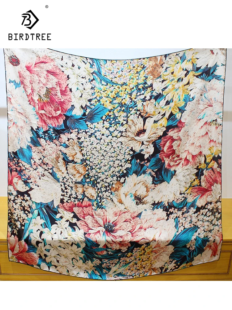 

BirdTree 100%Real Silk Temperament Scarf, Vintage Flower Print, Mom Gift Elegant Kerchief, 2024 Spring New Satin Shawl A41525QC