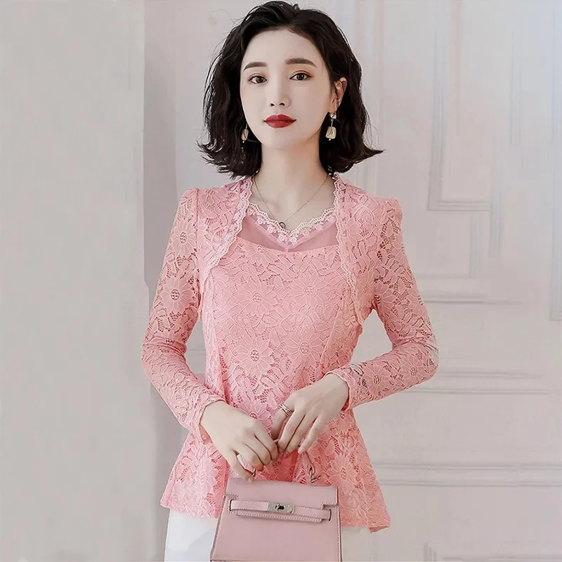 

Супер фея, темпераментная кружевная рубашка с рюшами, женская корейская версия юбки с закрытым животом, топ, блузка с полым низом, топ