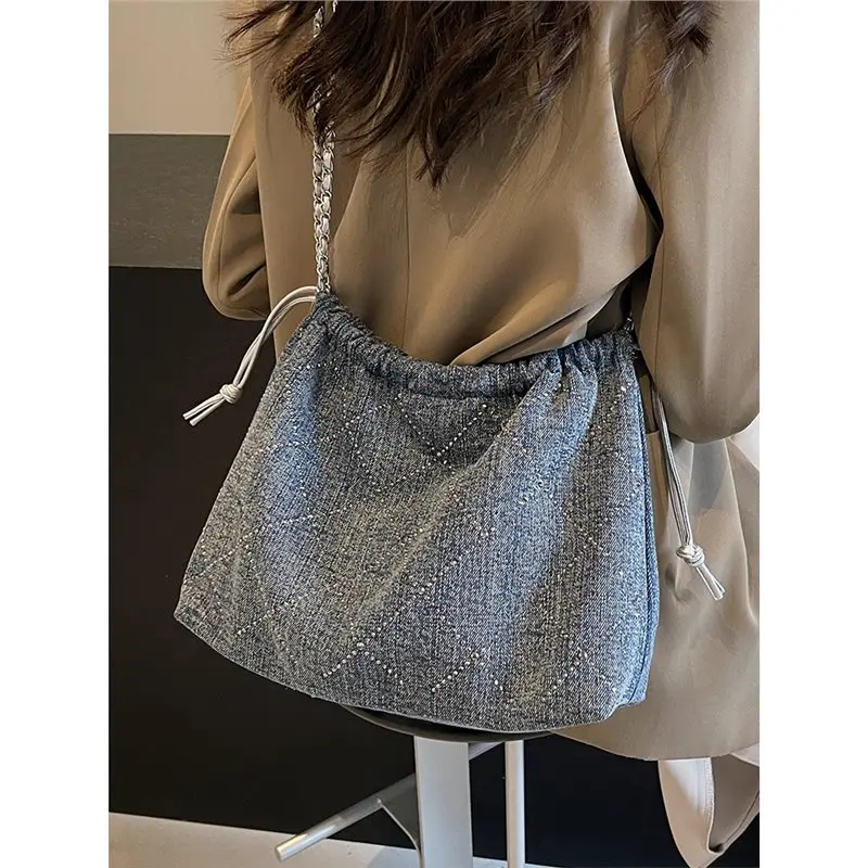 This Year\'s Popular Denim Bag Women\'s Large-capacity 2024 New Summer Casual Fashion Chain Crossbody Bucket Bag