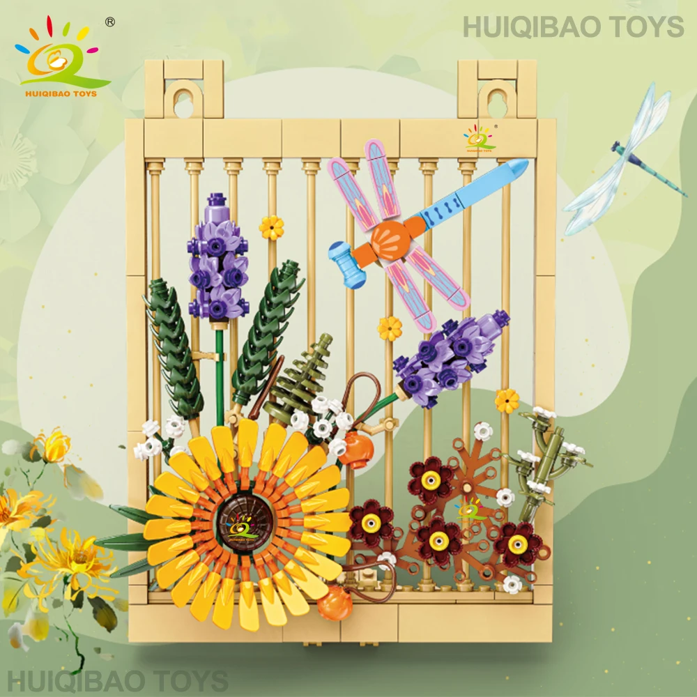 HUIQIBAO Eternal Flower Building Block Picture Frame DIY Floral Model Sunflower Bouquet Bricks Home Wall Decor Toys for Adult