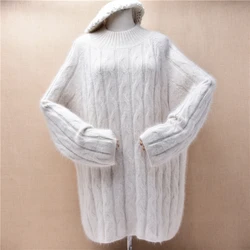 Ladies Women Autumn Winter Thick Warm Jacquard Weave Hairy Angora Rabbit Hair Knitted O-Neck Long Sleeves Loose Sweater Jumper