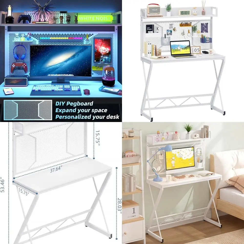 

Small Gaming Desk with Pegboard, 39 Inch Computer Desk with Storage Shelves, Modern Office Desk for Study Work Home Office, Smal