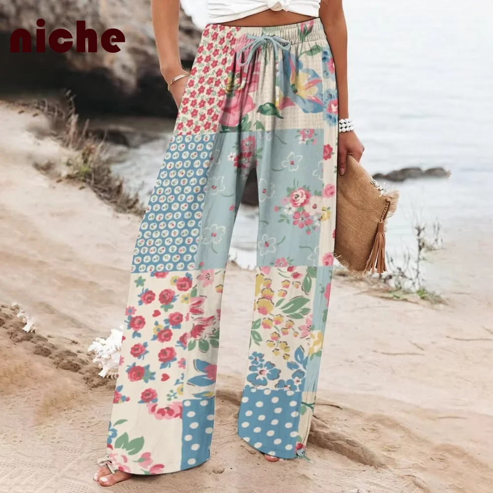 

Ladies Beach Pants Splicing Flower Graphic Printing High Quality Cotton And Linen Soft Chic New Loose Wide Leg Trousers