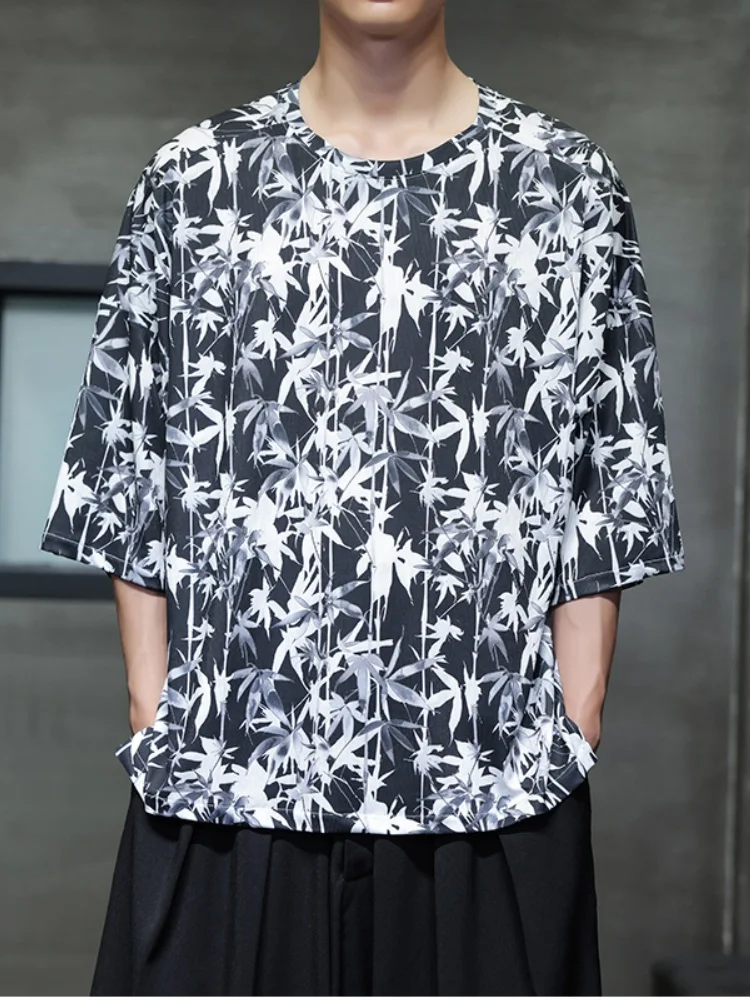 

Loose Fit Ice Silk ort Sve T-irt Men's Summer Thin New Chinese Sle Top Five Sve Body irt Bamboo Print Trendy Yo...