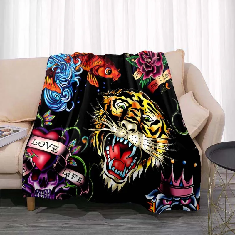 3dED- HARDY Tattoo Tiger Skull Blanket Living Room Bedroom Sofa Soft and Comfortable Warm Blanket Office Leisure Blanket